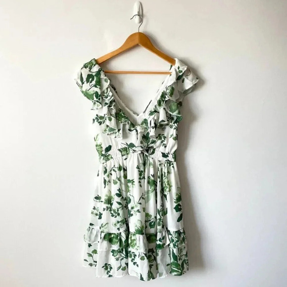 Abercrombie Ruffle Flutter Sleeve Mini Dress Green Floral Size Small Tall - Picture 6 of 10